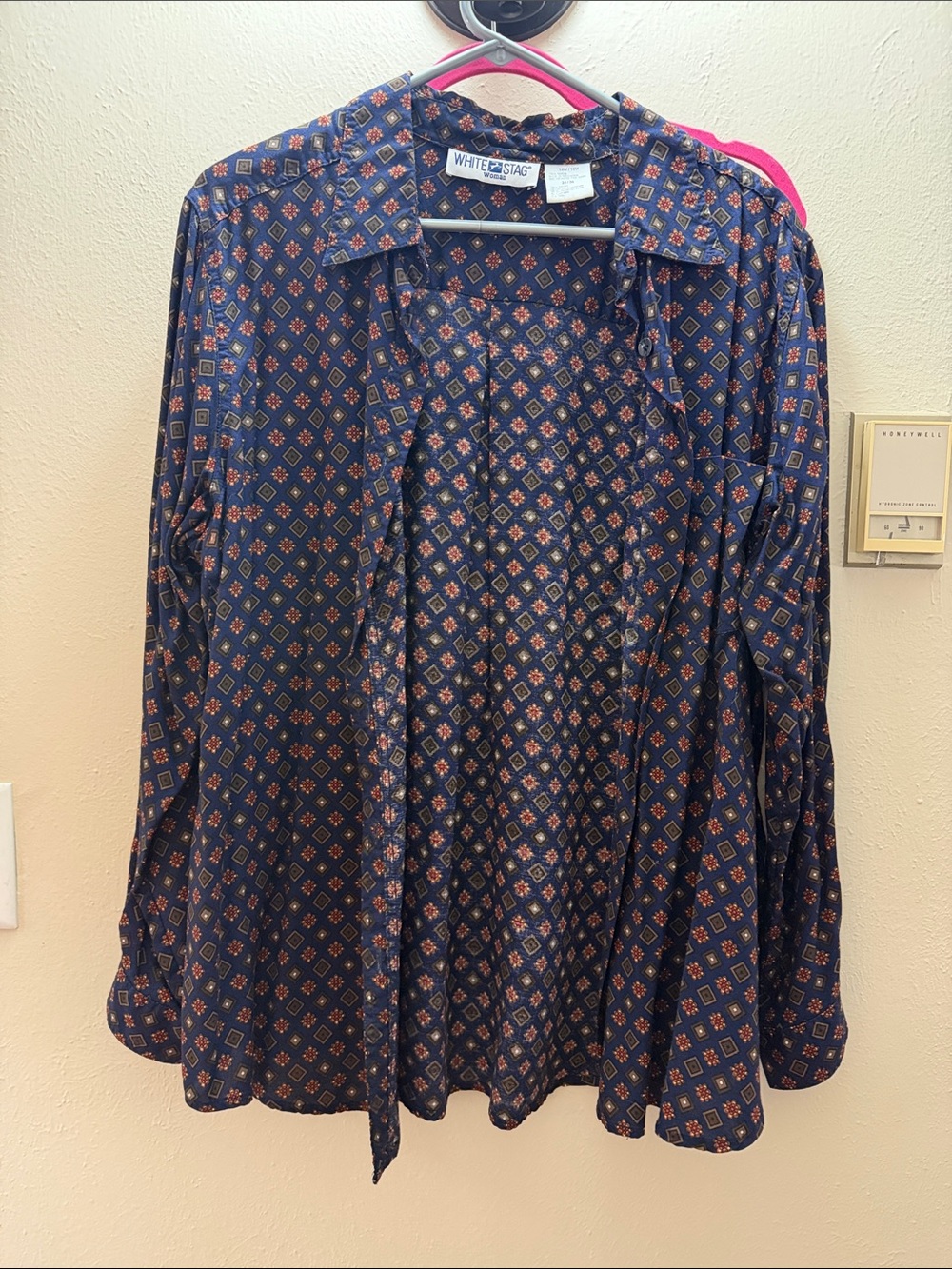 Vintage White Stag Navy Patterned Button-Up Blouse